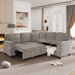 Chino- L-Shaped Sofa with Pull Out Sofa Bed, Sleeper Sofa Couch Bed with Storage Seat, 5 Seat