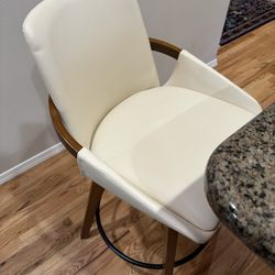 Set of 2 Mid-Century Modern Counter Stools – Cream Faux Leather & Walnut Finish