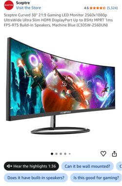 Sceptre Curved 30" 21:9 Gaming LED Monitor 2560x1080p UltraWide Ultra Slim HDMI DisplayPort Up to 85Hz MPRT 1ms FPS-RTS Build-in Speakers, Machine Blu