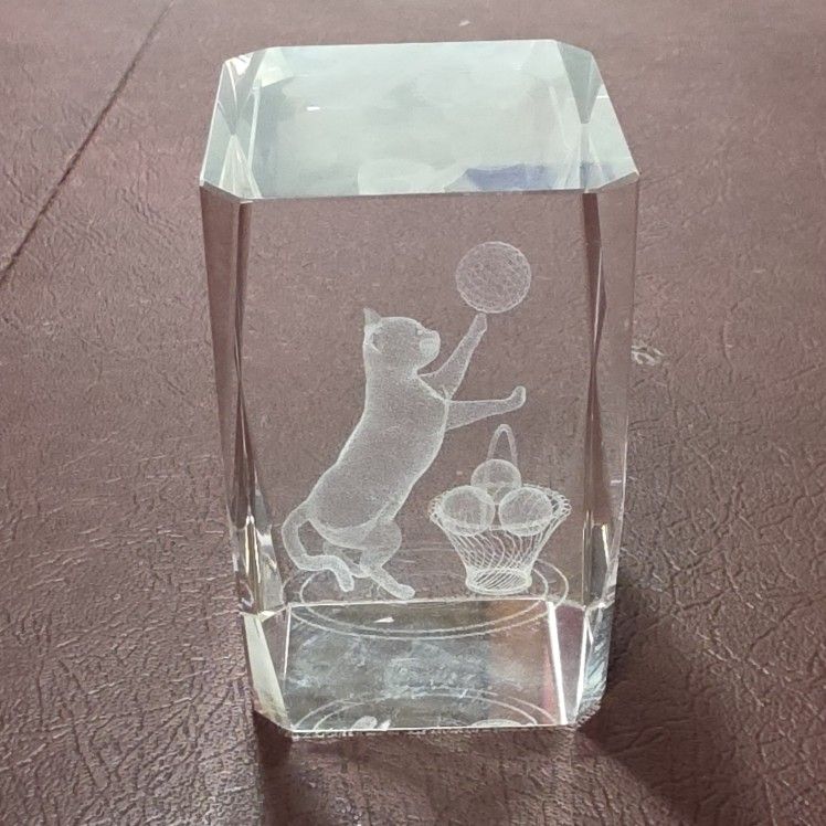 Etched Glass Cat Paperweight