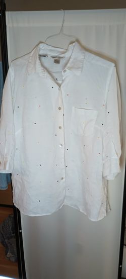 Edward Woman  Irish Linen White Polka Dots Women  Blouse 1X 3/4 Sleeve Shirt Top