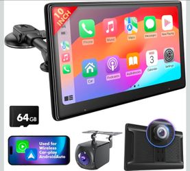 10" Touch Screen for Car, Used for Wireless Apple Carplay Android Auto MirrorLink, Portable Car Stereo with Bluetooth 2K Front Dashcam, 1080P Rear Das