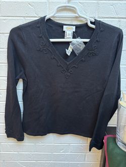 Talbots NWT Black Silk Cashmere Beaded Vneck Sweater Size L