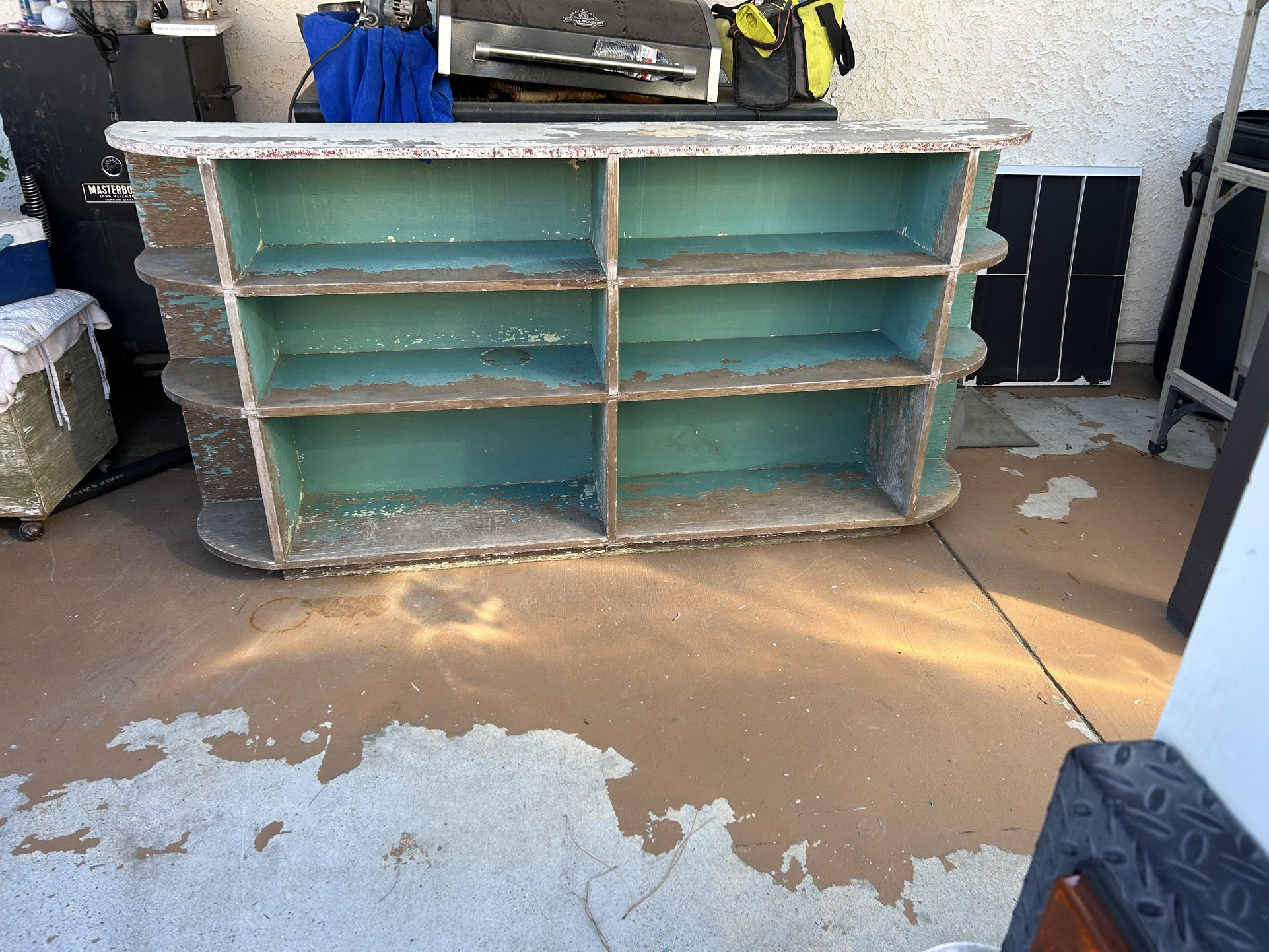 Awesome, solid wood vintage turquoise rustic console/sideboard/entry table/bookcase 72 inches long36 Tall x11.5deep