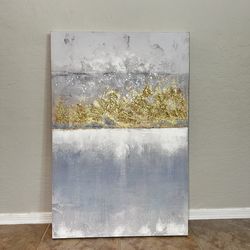 36x24 LARGE White Blue/Grey & Gold Foil/Glitter Textured Canvas Wall Art