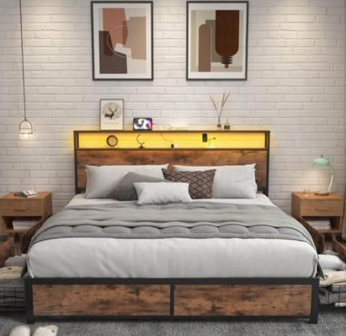 Queen mattress + bed frame with storage, charging station & LED