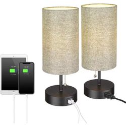 Bedside Table Lamp, Nightstand Lamps with 2 USB Charging Ports & Power Outlet, Modern Gray Desk Lamp Ideal for Bedroom Living Room, Office, Kids Room 