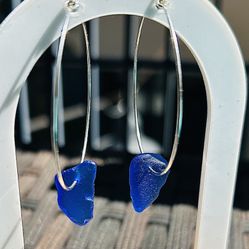 Cobalt Blue Sea Glass Sterling Silver Hoop Earrings 