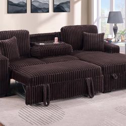 Brown Sofa Sectional w/ Pull- Out Sleeper & Drop Down Cup holder & USB Ports 