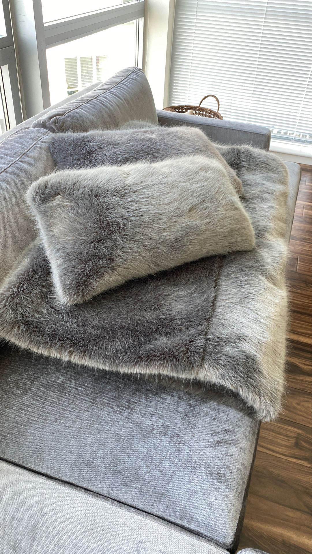 Restoration Hardware Set Graphite Ultra Faux Fur Throw (96”x80”) and