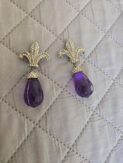 Todd Anthony Fleur-de-Lis Rhinestone Purple Drop Clip-On Earrings