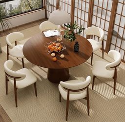Dining Chairs Set of 6 Modern Upholstered Leather Farmhouse Dining Room Chair with Metal Legs, Walnut/Beige
