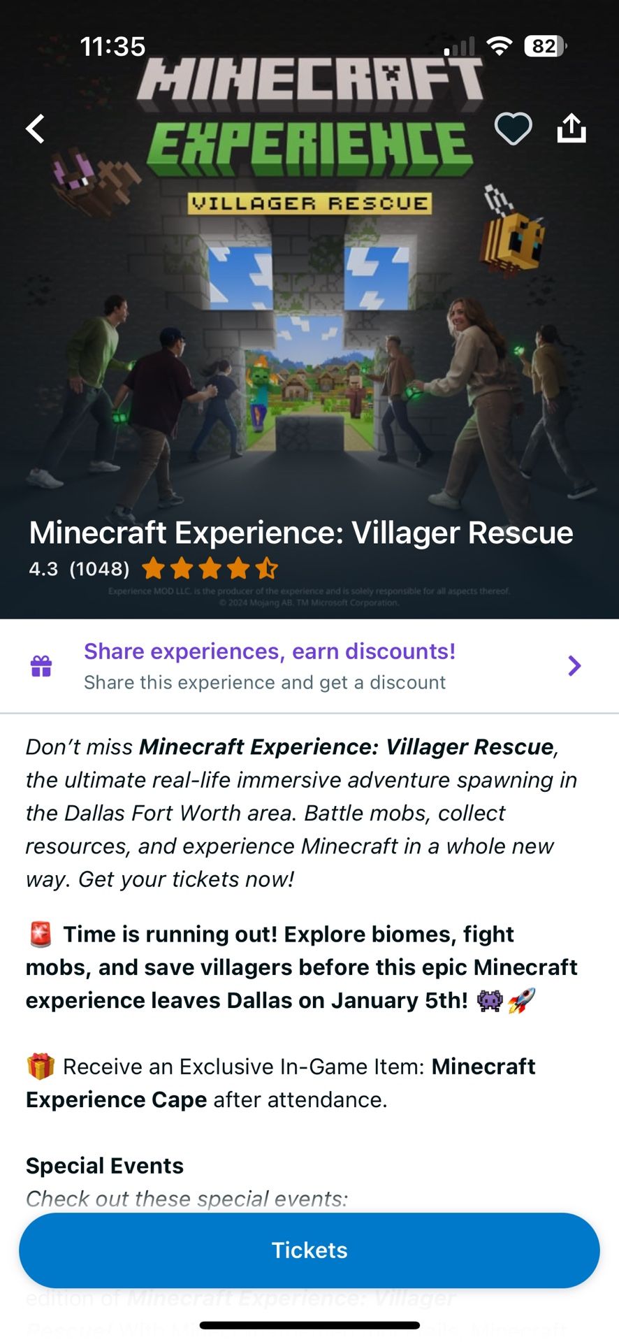 🎮 MINECRAFT EXPERIENCE TICKETS - TODAY 5PM (3 Available)