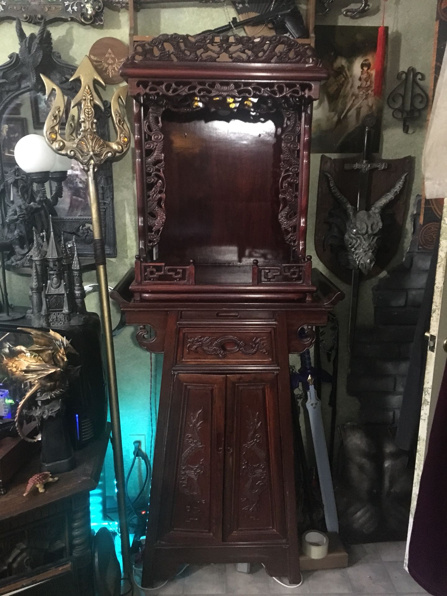 Large Chinese Buddhist Altar Shrine Cabinet Carved Wood Dragons
