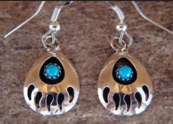 Sterling Silver Turquoise Bear Paw Dangle Earrings