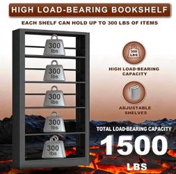 Heavy Duty Metal Bookshelf, 5-Tier Industrial with Adjustable Shelves,  69" H x 36" W, Black I-1