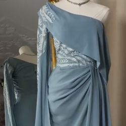 Blue Off Shoulder Long Sleeve Bodycon Evening Gown Dress