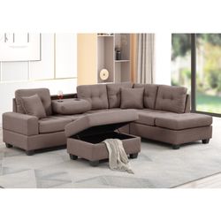 Brown Reversible Sectional With Cup Holder And Storage Ottoman And Pillows Brand New In Box Firm Price $560