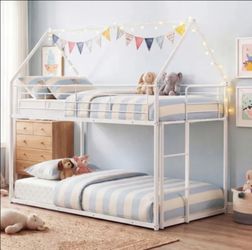 Twin Over Twin Metal Bunk Bed with Roof and Ladder