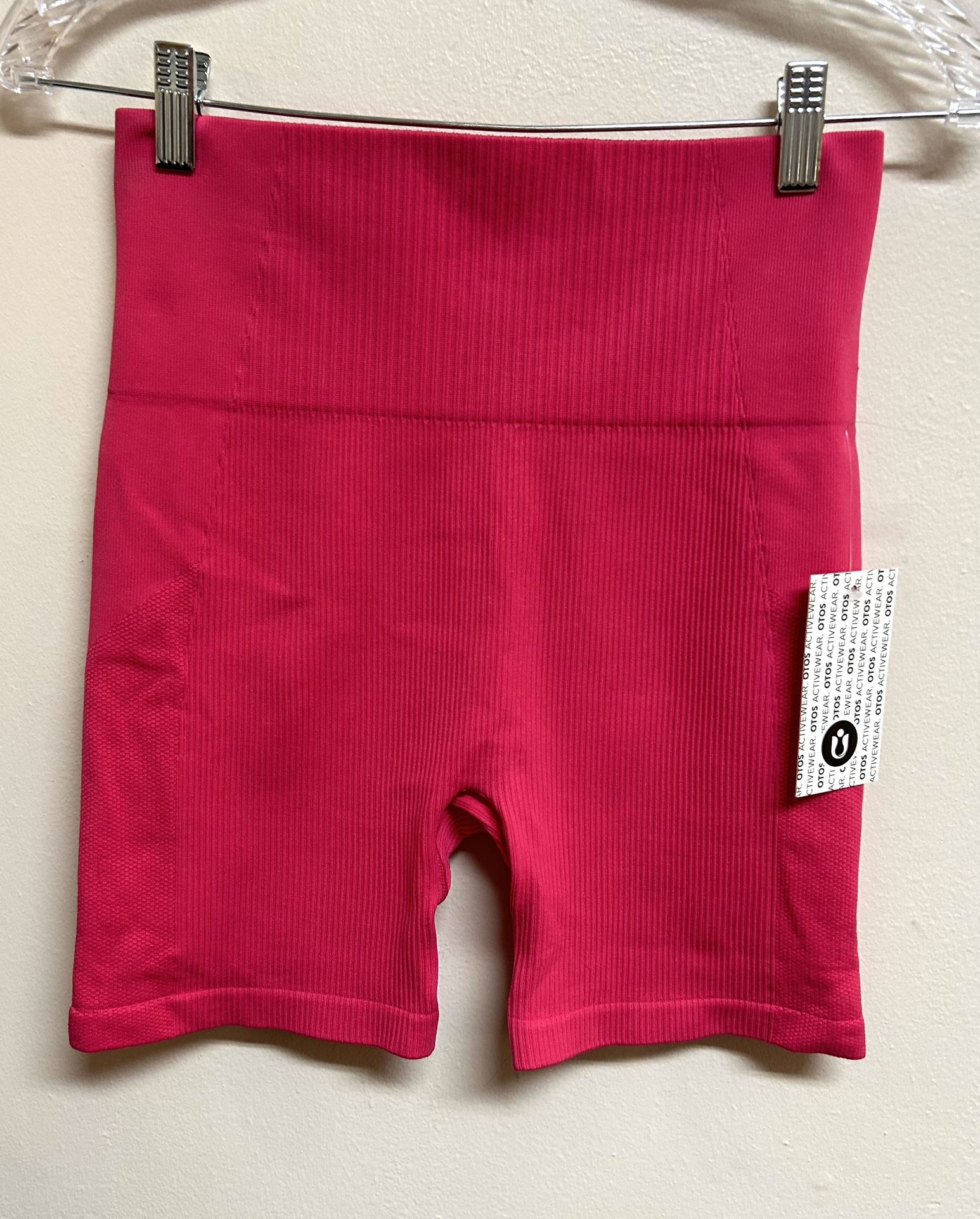 NWT! OTOS Active Wear- Fuchsia Pink 5” Ribbed High Waisted Slimming Bike Shorts Size L