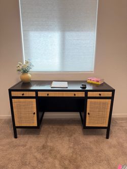 Black Desk with Rattan Cane Drawers and Cabinets