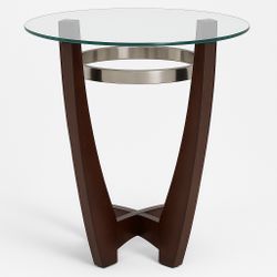 Modern Glass Top End Table – Dark Walnut & Brushed Steel Accent