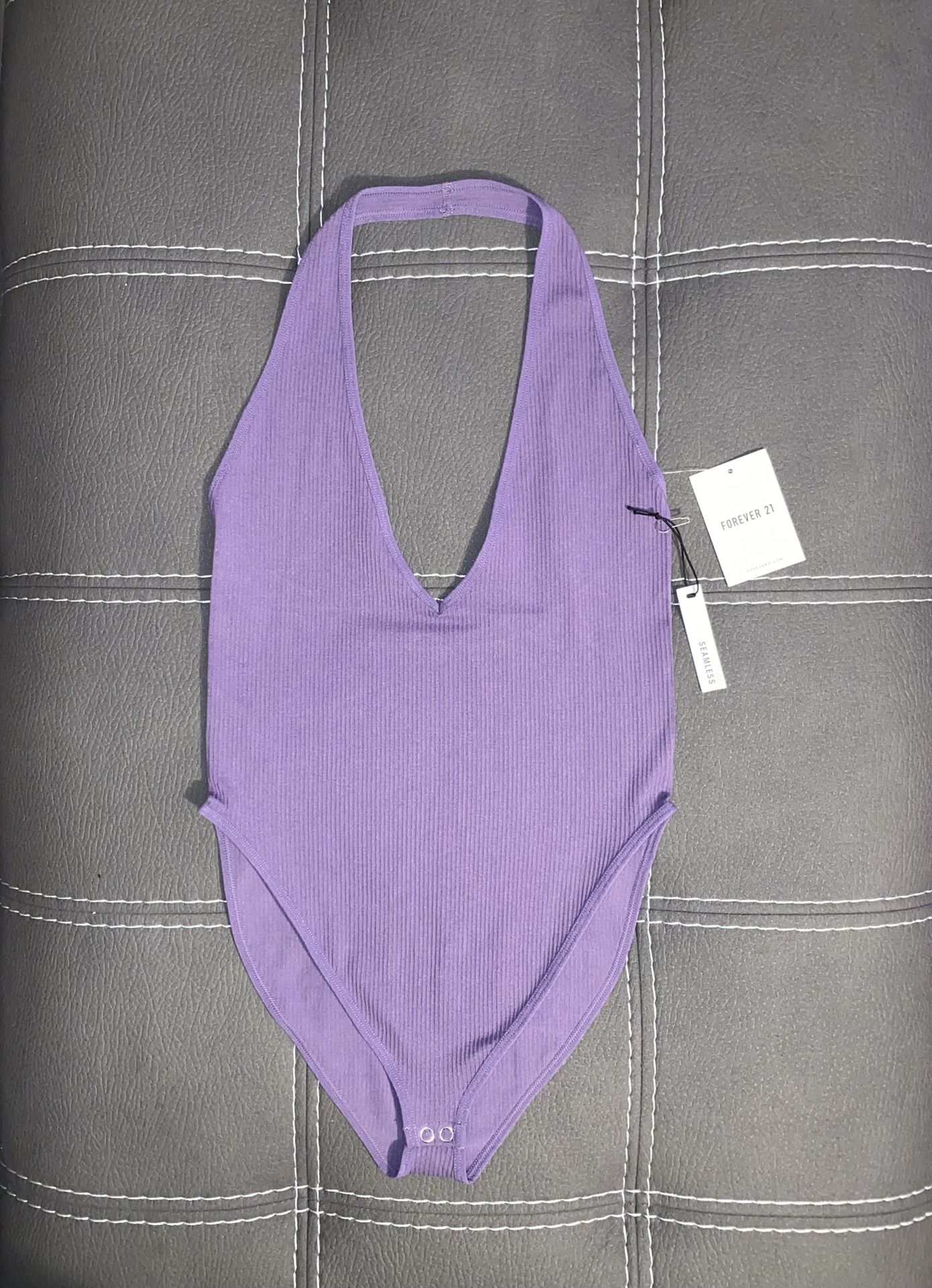 New Forever 21 Bodysuit Large Cheeky Halter Top Sugarplum Purple Ribbed Seamless