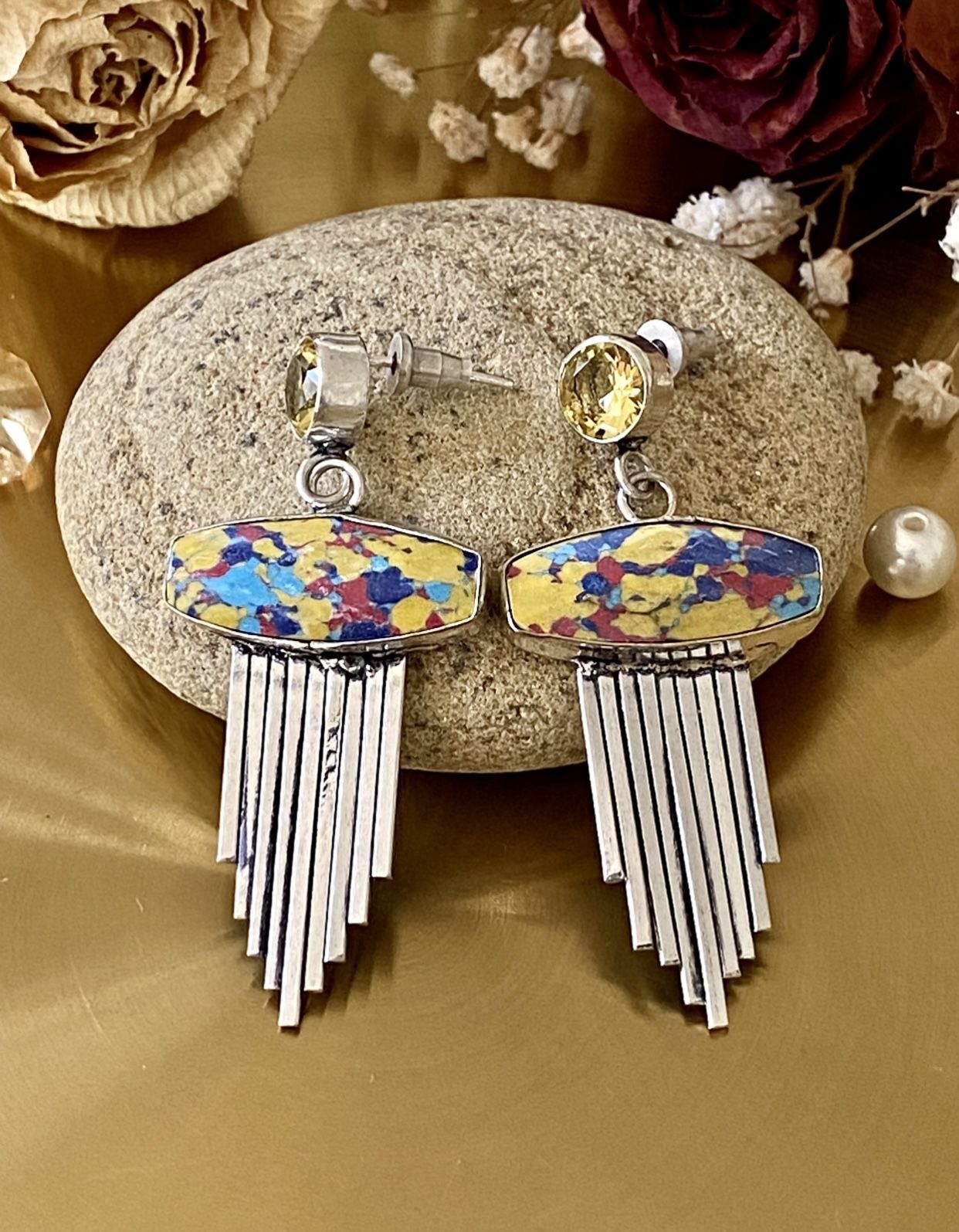 Rainbow Calsilica And Citrine 925 Sterling Silver Overlay Stud Earrings
