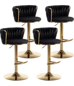 Woven Bar Stools Set of 4, Counter Height Bar Stools with Low Back, Gold Swivel Barstools for Kitchen Island, Bar Pub (Black)