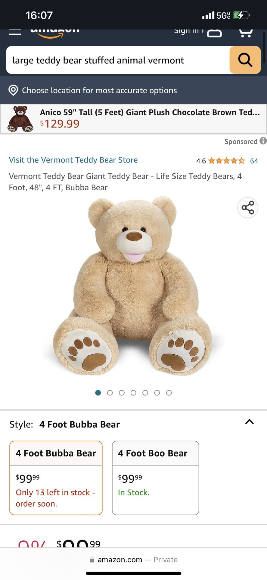 5 Foot Vermont Teddy Bear 