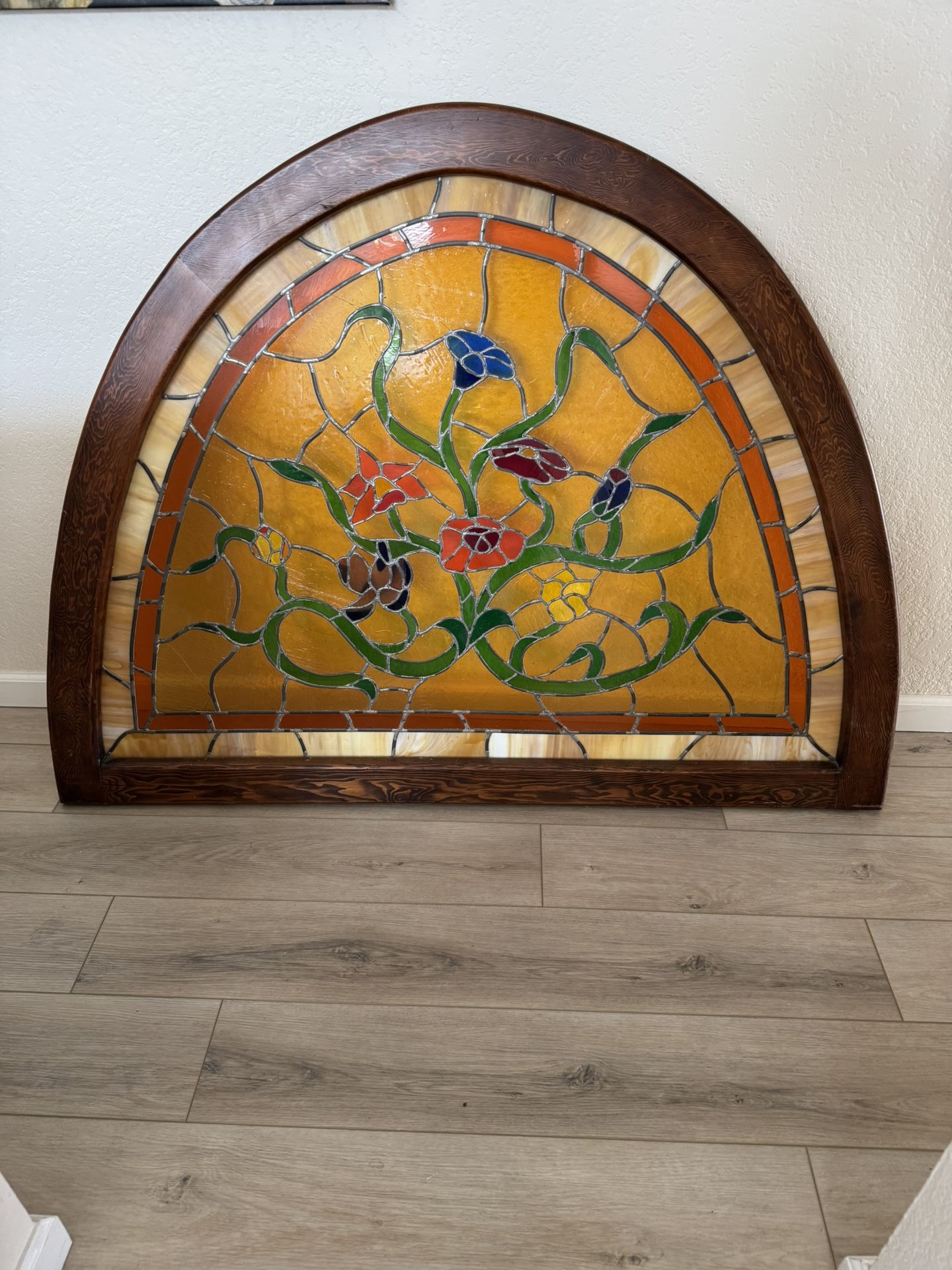 Large Framed Antique Arched Stained Glass Window