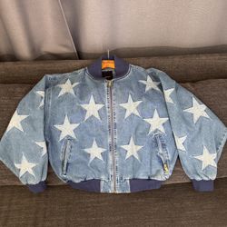 Joyrich Blue Star Pattern Bomber Jacket Zip Closure Pockets