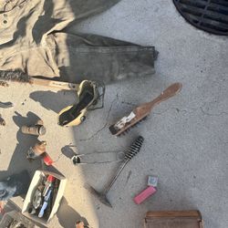 Cutting torches leather jacket, leather bag, lots of miscellaneous