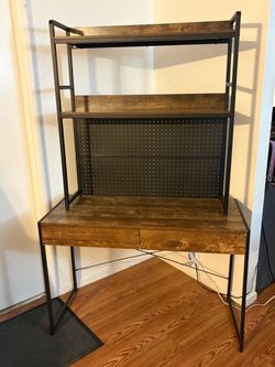 Industrial Desk with Shelves and Pegboard