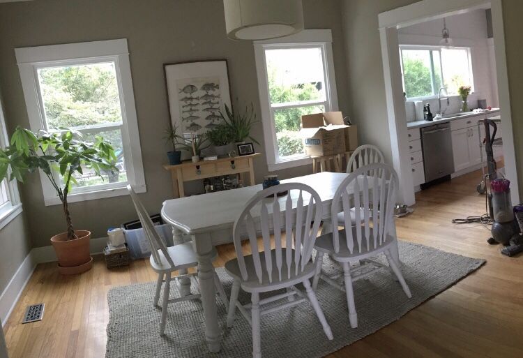 Farmhouse table, 4 chairs, and a bench