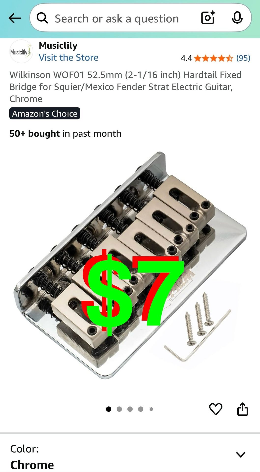 Wilkinson - WOF01 52.5mm (2-1/16 inch) Hardtail Fixed Bridge for Squier/Mexico Fender Strat Electric Guitar, Chrome
