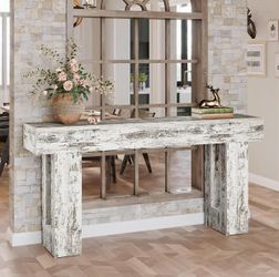63-Inch Long Console Table, Farmhouse Wooden Sofa Table, Narrow Entryway Table(Distressed White)