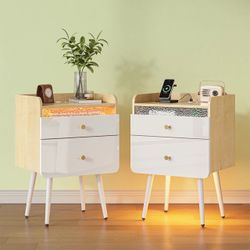 Nightstands Set of 2, Night Stand with Charging Station and Led Lights, Bedside Tables with 2 Drawers, End Table with Storage for Bedroom, white