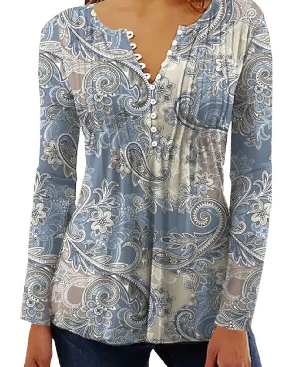 Pleated Tunic Top Blouse Large Blue