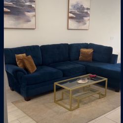 Living Room Sectional , Gold Table , Pictures , Pillows 