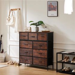 9 Drawer Dresser, Wide Chest of Drawers Nightstand Storage Tower Storage Fabric Dresser with Wood Top for Living Room, Bedroom, Hallway,Rustic Brown