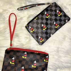 Disney Print Clutch Bag, Cartoon Genuine Leather Mobile Phone Bag, Cute Anime Wrist Wallet Coin Purse