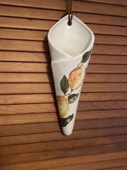 Pottery Barn Ceramic Cone Shaped Wall Pocket Hanging Vase with Leather Strap
