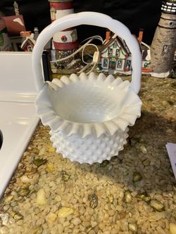Hobnail white milk glass basket ruffed edge unmarked . 