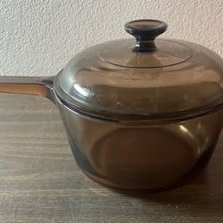 Vintage Corning Vision Ware Amber Glass 2.5 Liter Sauce Pan Pot w/Pyrex Lid USA