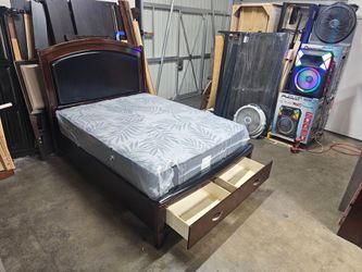 Queen Dark Wood Storage Bed Frame with Upholstered Headboard