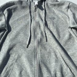 Grey Alo yoga zip-up set hoodie and pants.