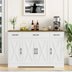 Buffet Cabinet with 3 Drawers and 4 Doors, 55.1” W Kitchen Sideboard Storage Cabinet with Adjustable Shelves, Farmhouse Coffee Bar Cabinet for Dining 