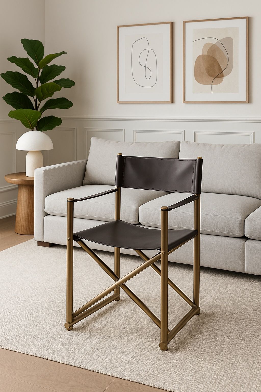 Modern Leather Director’s Chair, Bronze Metal Frame, Brown Seat & Backrest, Accent Chair