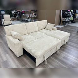 Beige corduroy sectional pull out sofa bed sleeper sofa with storage